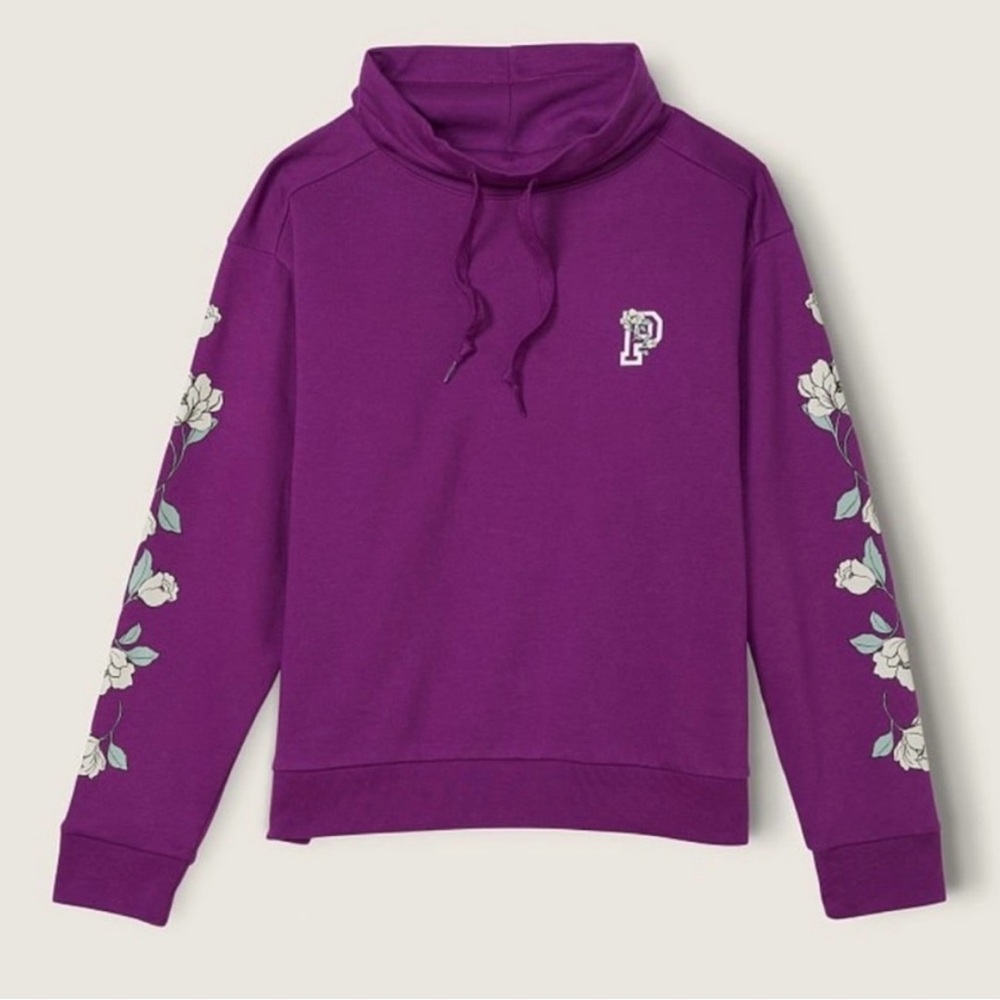 NWT VS PINK Purple & White Floral Cowl Neck Everyday Lounge Pullover Sweatshirt